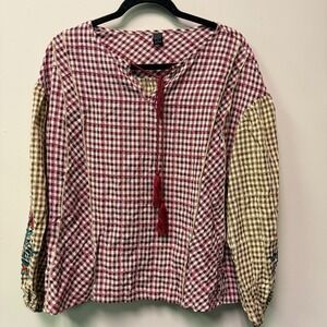 Boho Retro Cottagecore Coquette Gingham Patchwork Floral Embroidered Top Size 6
